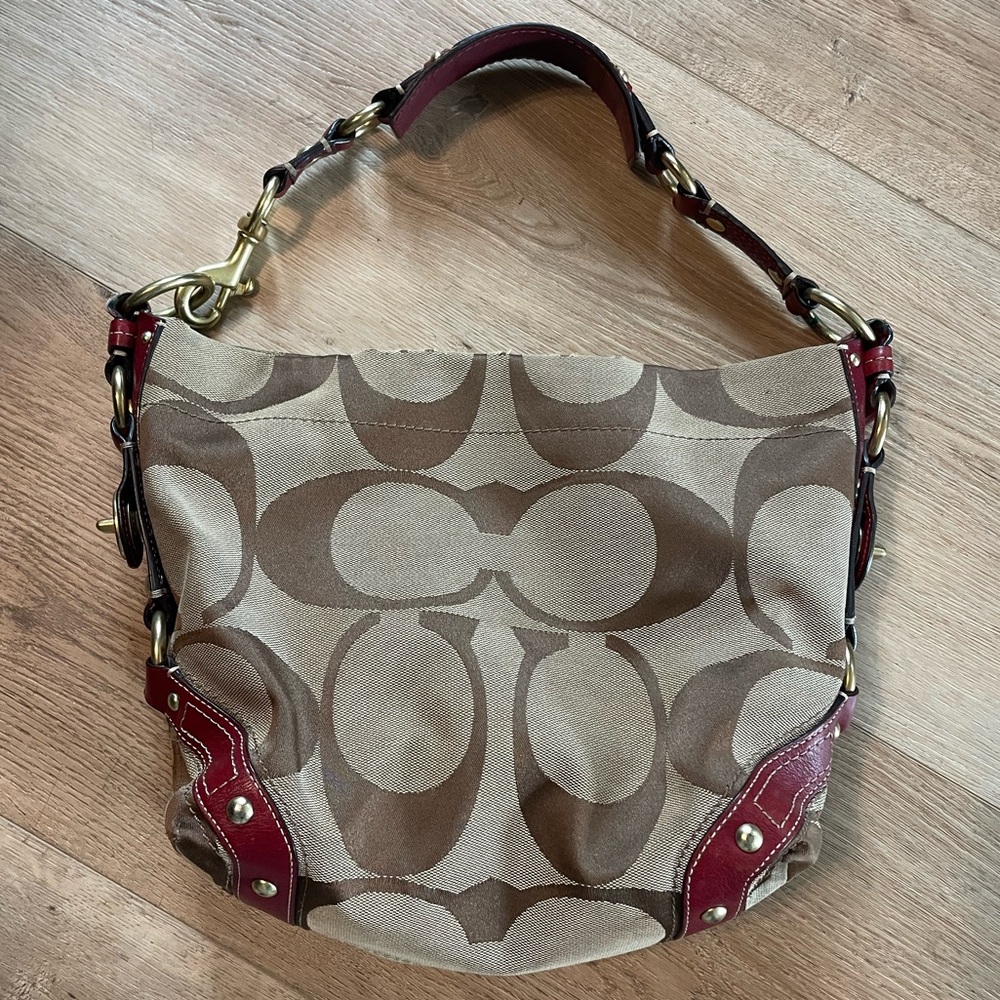 COACH vintage  brown signature C logo tote handbag Y2K red leather handle hobo - Picture 2 of 7